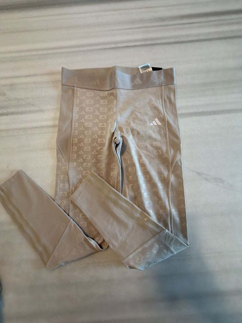 Adidas Hyperglam Emboss Leggings Size MD Wonder Beige High Rise